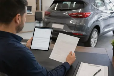 Despachante analisando documentos para o licenciamento de um veículo.