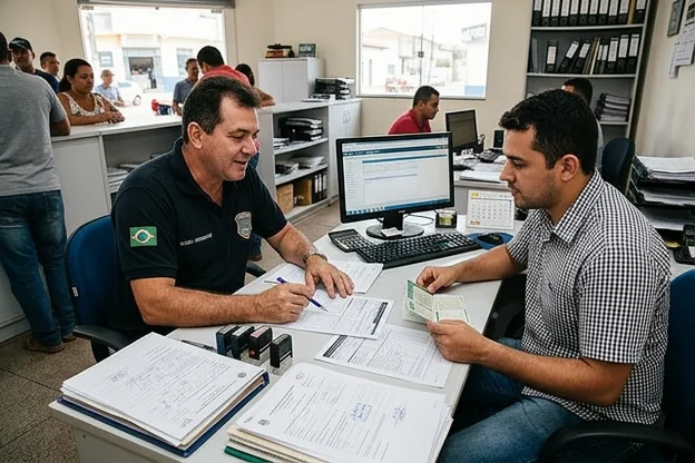 Despachante revisando a documentação de um cliente para evitar multas.